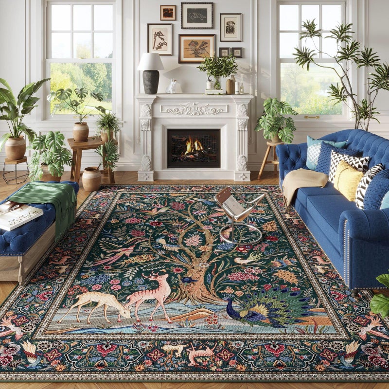 Rugcomf 8x10 Area Rugs Vibrant Tree of Life-Patterned Vintage Washable Area Rug Non Slip Low Pile Large Rug for Bedroom Farmhouse Dining Room Kids Playroom, Green - Image 1