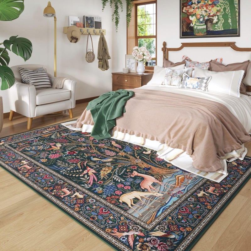 Rugcomf 8x10 Area Rugs Vibrant Tree of Life-Patterned Vintage Washable Area Rug Non Slip Low Pile Large Rug for Bedroom Farmhouse Dining Room Kids Playroom, Green - Image 2