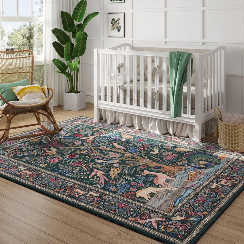Rugcomf 8x10 Area Rugs Vibrant Tree of Life-Patterned Vintage Washable Area Rug Non Slip Low Pile Large Rug for Bedroom Farmhouse Dining Room Kids Playroom, Green - Image 4