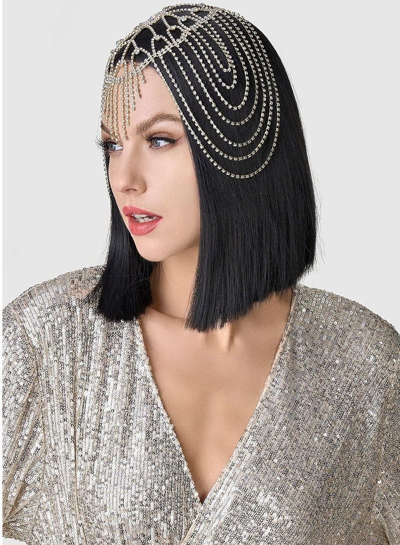 Gatsby Headpiece for Women, Vintage Style Roaring 20s Crystal Rhinestone Flapper Cap Head Jewelry Chains (Gold) - Image 3