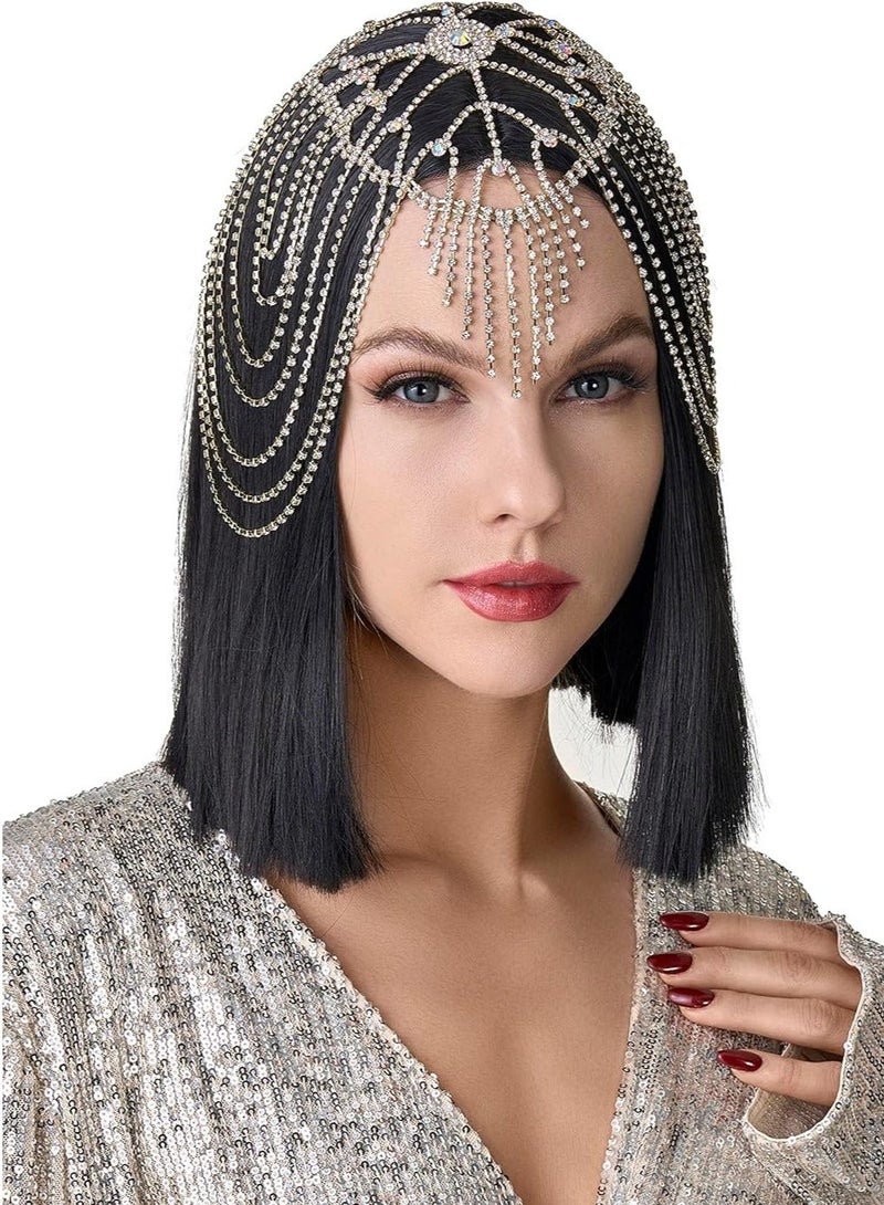 Gatsby Headpiece for Women, Vintage Style Roaring 20s Crystal Rhinestone Flapper Cap Head Jewelry Chains (Gold) - Image 1