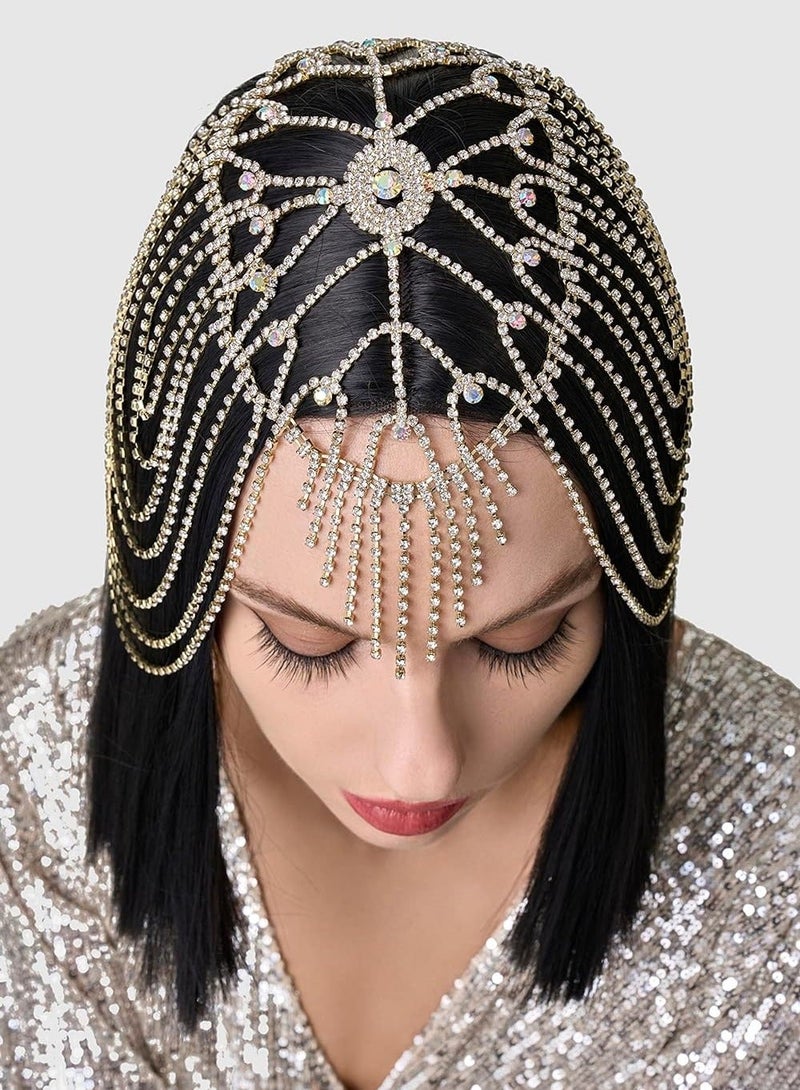 Gatsby Headpiece for Women, Vintage Style Roaring 20s Crystal Rhinestone Flapper Cap Head Jewelry Chains (Gold) - Image 2