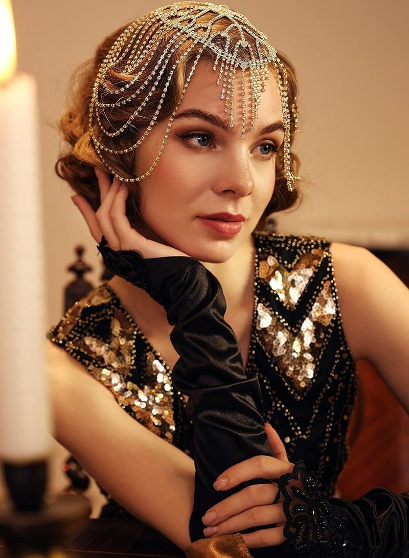 Gatsby Headpiece for Women, Vintage Style Roaring 20s Crystal Rhinestone Flapper Cap Head Jewelry Chains (Gold) - Image 4