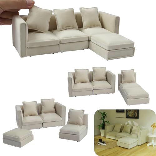 iLAND Dollhouse Furniture Miniature Sectional Couch Set Fit 112 Scale Accessories for Doll House Dcor and 3 to 6 inches Doll Figure Modern White Velvet Sofa Elegant  Classic - Image 1