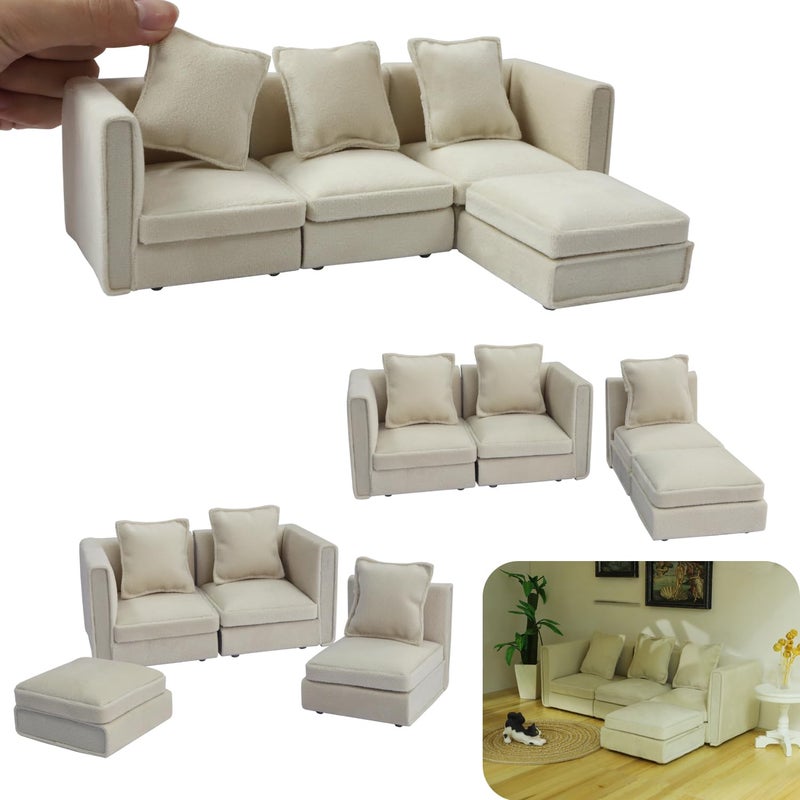 iLAND Dollhouse Furniture Miniature Sectional Couch Set Fit 112 Scale Accessories for Doll House Dcor and 3 to 6 inches Doll Figure Modern White Velvet Sofa Elegant  Classic - Image 3