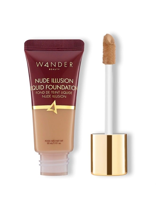 Wander Beauty Nude Illusion Liquid Foundation - Golden Medium - Medium to Full Coverage Foundation with Niacinamide & Lotus Extract - Natural Skin Finish - Blurs, Conceals & Contours - Travel-Friendly Tube  - Image 1