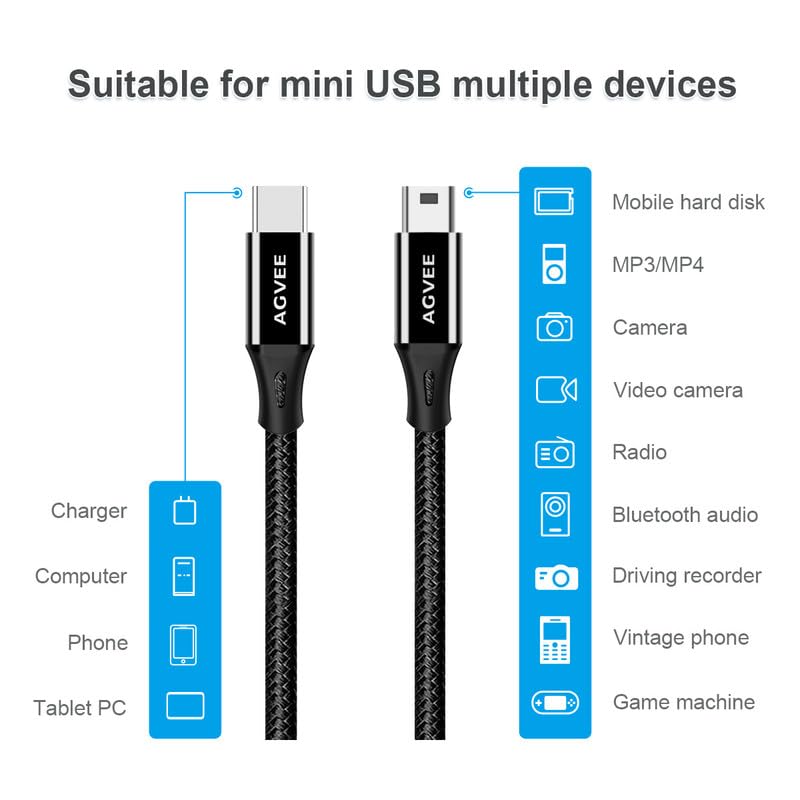 AGVEE 2 Pack 1ft USB-C to Mini USB Cable, Braided Durable Mini-B 5-Pin to Type-C Data Charging Charger OTG Cord for Hero 3+, PS3 Controller, Canon Nikon Camera, GPS, Blue Yeti, Black - Image 5