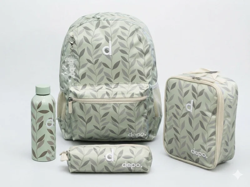 Depo DEPO 4-Piece School Backpack Set 44cm – Sage Green Leaf Print Backpack with Lunch Bag, Pencil Case & 500ml Water Bottle – Light Sage Green