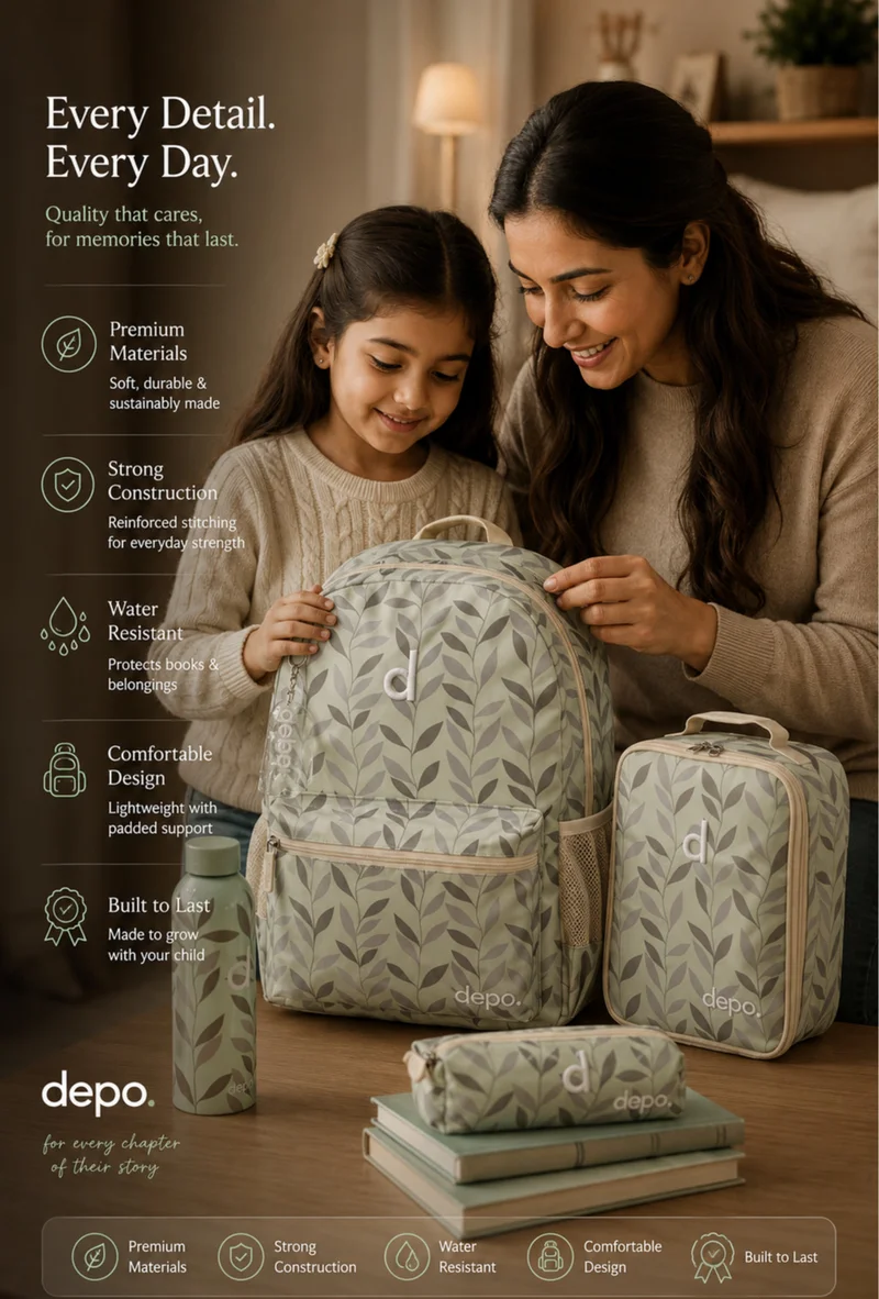 Depo DEPO 4-Piece School Backpack Set 44cm – Sage Green Leaf Print Backpack with Lunch Bag, Pencil Case & 500ml Water Bottle – Light Sage Green