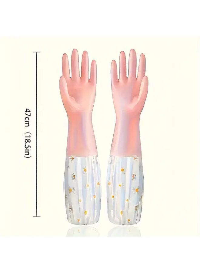 1 Pair Blue Long Sleeve PVC Cleaning Gloves Waterproof Non Slip Durable Floral Design Ambidextrous For Dishwashing Laundry And Household Chores - Image 3
