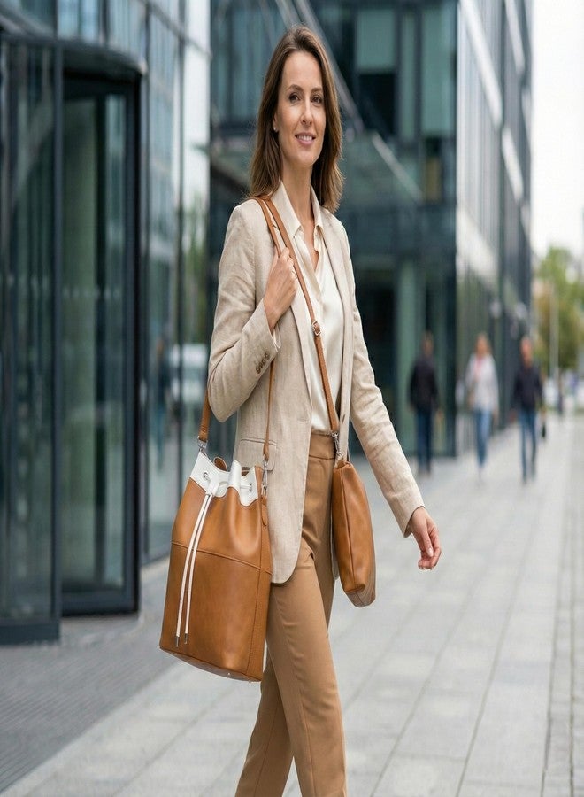 TYPIFY Women's 2-in-1 Bucket Bag and Sling Bag Combo Set, Grid Pattern, Lightweight Shoulder Tote Handbag, Trending Large Drawstring Latherette Office College Bag Set. Gift for Her (Tan & White) - Image 2