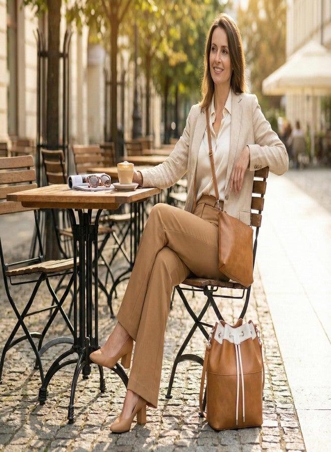 TYPIFY Women's 2-in-1 Bucket Bag and Sling Bag Combo Set, Grid Pattern, Lightweight Shoulder Tote Handbag, Trending Large Drawstring Latherette Office College Bag Set. Gift for Her (Tan & White) - Image 5