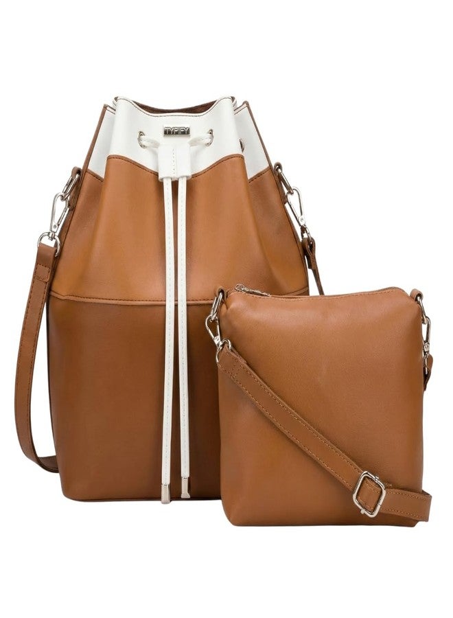 TYPIFY Women's 2-in-1 Bucket Bag and Sling Bag Combo Set, Grid Pattern, Lightweight Shoulder Tote Handbag, Trending Large Drawstring Latherette Office College Bag Set. Gift for Her (Tan & White) - Image 1