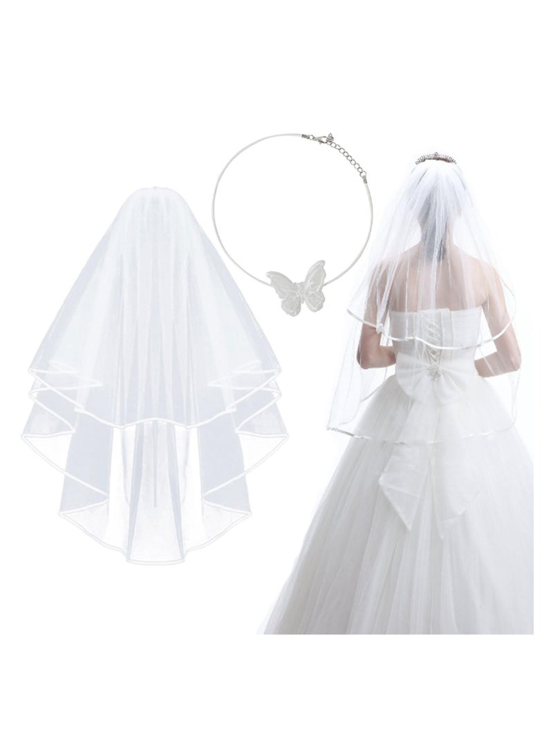 SUNSAR 2-Tier Wedding Veil, Simple Waist Length Short Bridal Veil with Comb and Butterfly Necklace - Image 1