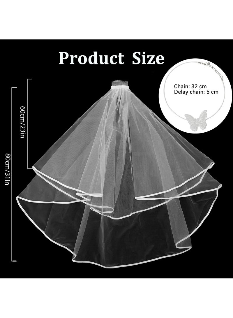 SUNSAR 2-Tier Wedding Veil, Simple Waist Length Short Bridal Veil with Comb and Butterfly Necklace - Image 3