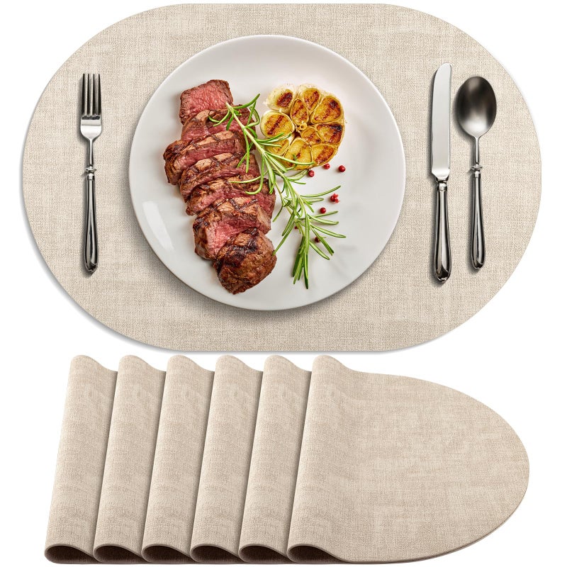BARTHKIT Placemats for Dining Table Set of 6 Non-Slip, Heat Resistant Oval Leather Placemat Double Layer, Waterproof Table Mats Easy to Clean for Kitchen Dining Room Coffee Office Table, Beige - Image 1