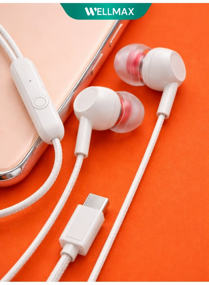 WELLMAX WM Type C Wired Earphones with Mic Pure Voice Clear Sound USB C Headphones for Android Samsung In-Ear Comfortable Headset for Calls Music Gaming - Image 3
