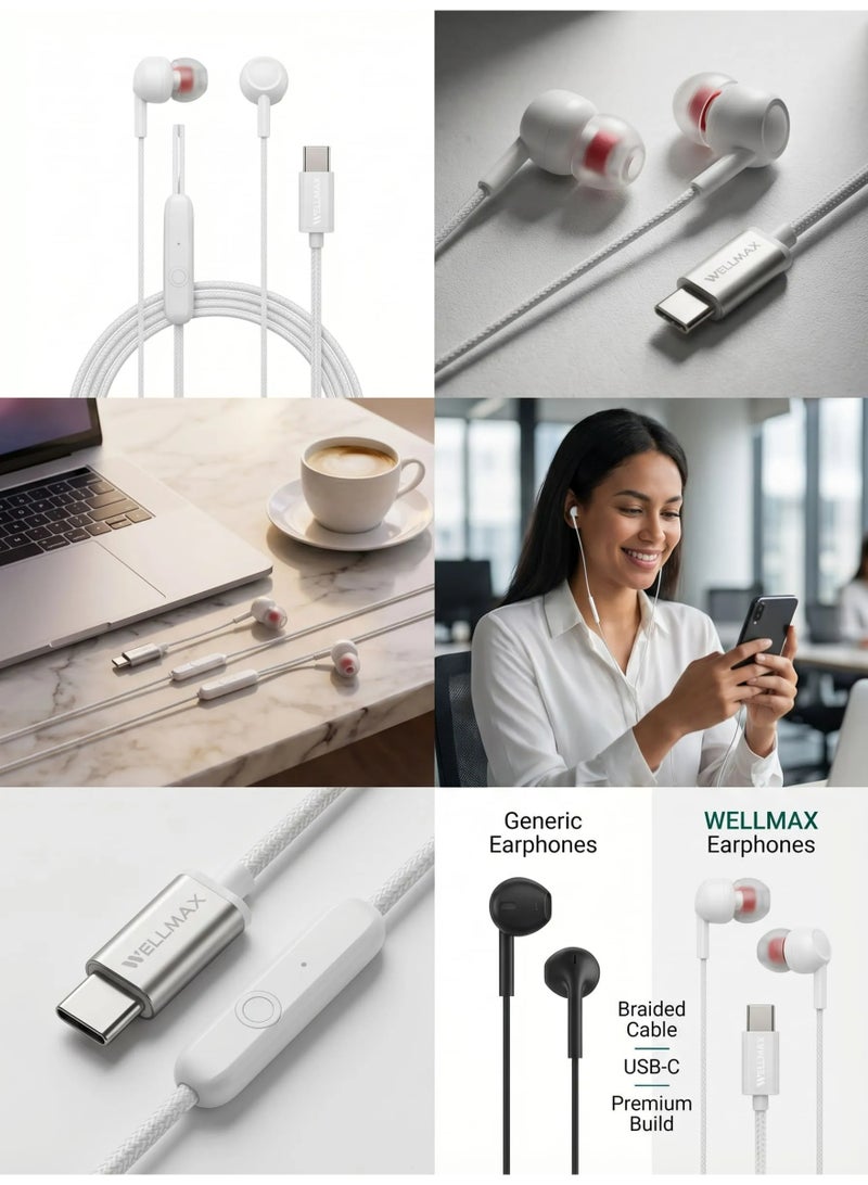 WELLMAX WM Type C Wired Earphones with Mic Pure Voice Clear Sound USB C Headphones for Android Samsung In-Ear Comfortable Headset for Calls Music Gaming - Image 4