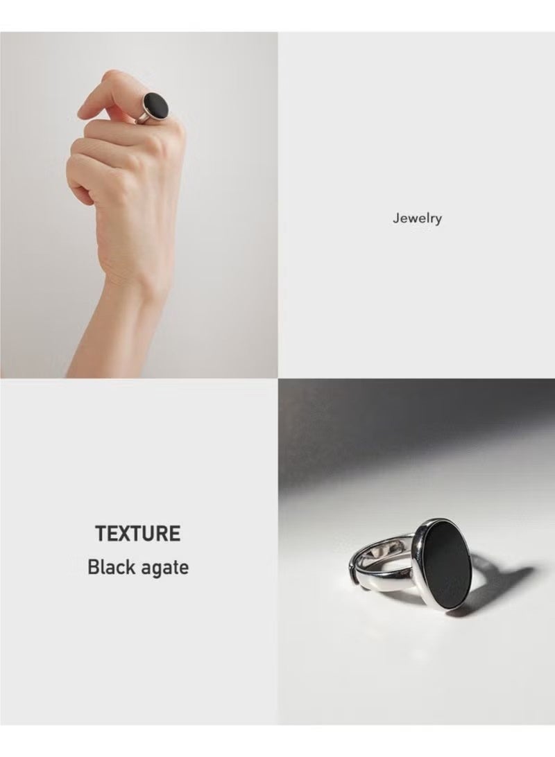 JS Simple S925 Sterling Silver Inlaid with Black Agate Smooth High-end Fashion Niche Retro Personality - Image 4