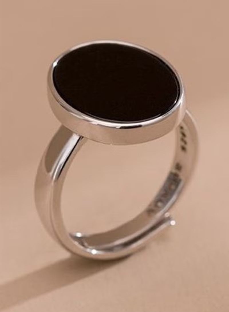 JS Simple S925 Sterling Silver Inlaid with Black Agate Smooth High-end Fashion Niche Retro Personality - Image 2