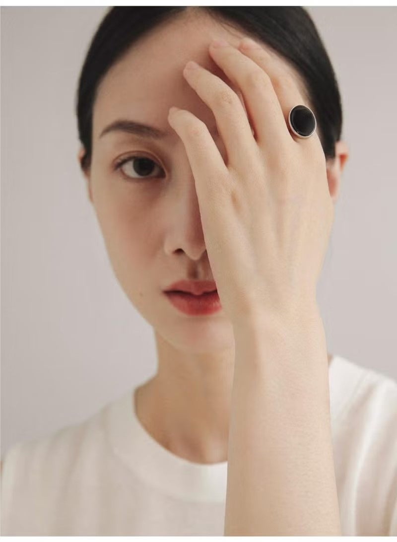 JS Simple S925 Sterling Silver Inlaid with Black Agate Smooth High-end Fashion Niche Retro Personality - Image 3