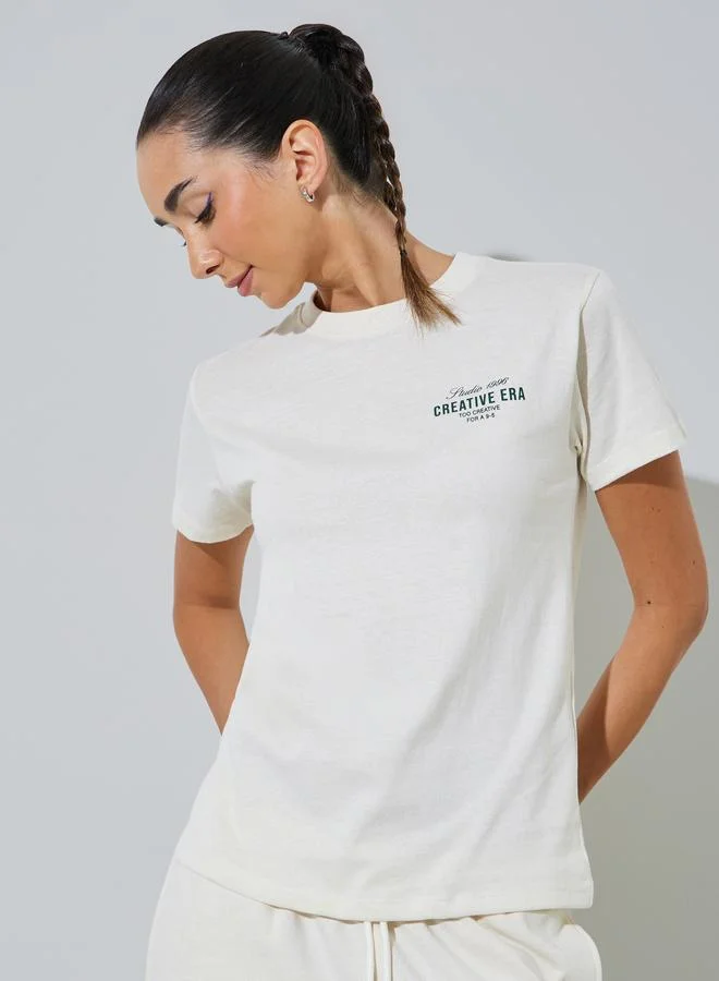 ستايلي Cream Text Print Cotton Blend T-Shirt and Joggers Co-ord Set