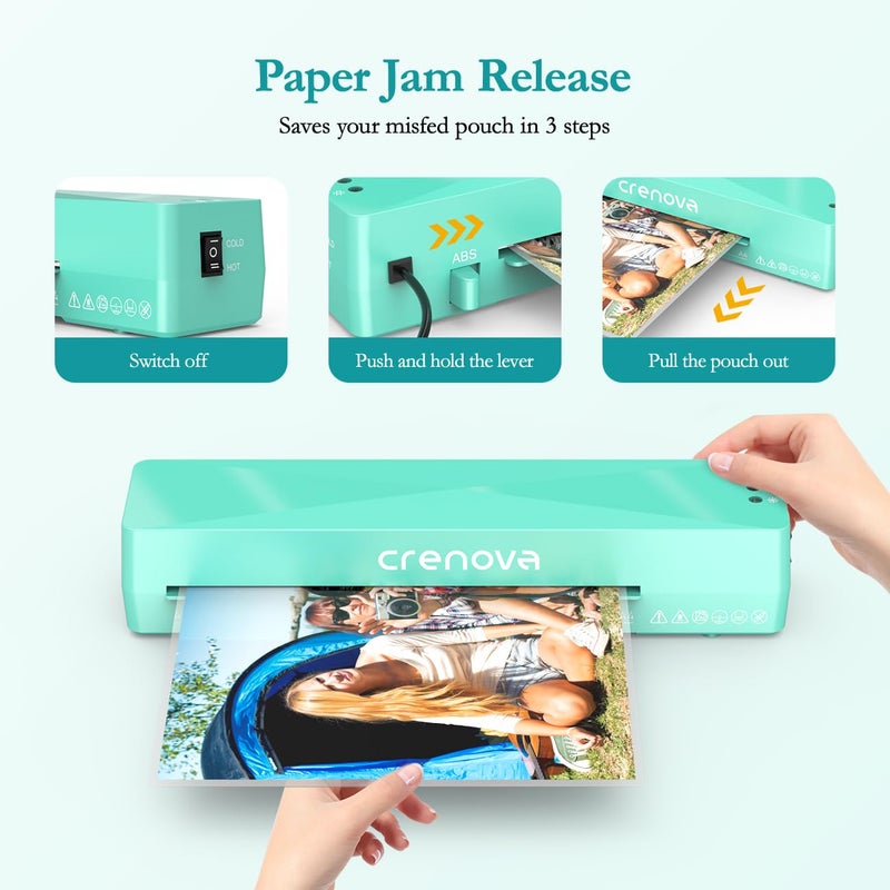 Crenova Laminator Machine with 10 Laminating Sheets, A4 Laminating Machine Hot & Cold with Fast Warm Technology, Thermal Laminator 9 Inch for Home Office School Business Green - Image 3