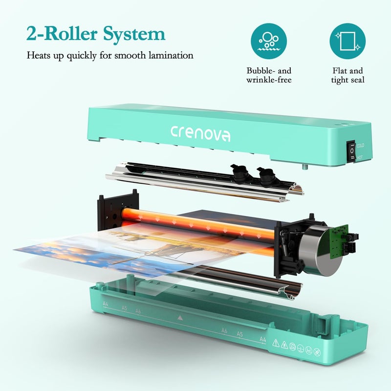 Crenova Laminator Machine with 10 Laminating Sheets, A4 Laminating Machine Hot & Cold with Fast Warm Technology, Thermal Laminator 9 Inch for Home Office School Business Green - Image 4