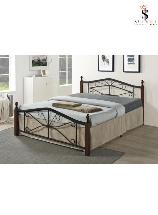 SULSHA Wooden Steel Queen Size Bed with Medical Mattress Cherry Brown Legs 150 x 190 cm