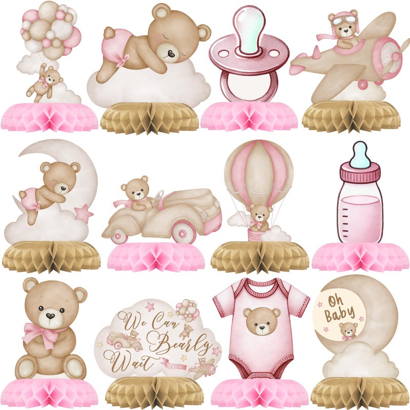 Outego Pink Bear Party Centerpiece Set - Girl Teddy Bear Honeycomb Birthday Decorations and Bear Table Toppers for Kids' Bear-Themed Birthday and Baby Shower Table Decor - Image 1