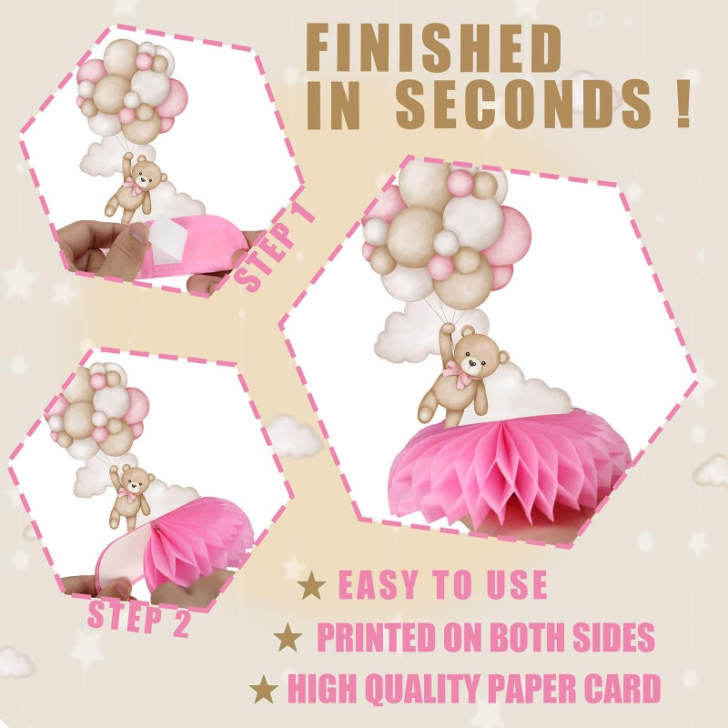 Outego Pink Bear Party Centerpiece Set - Girl Teddy Bear Honeycomb Birthday Decorations and Bear Table Toppers for Kids' Bear-Themed Birthday and Baby Shower Table Decor - Image 3