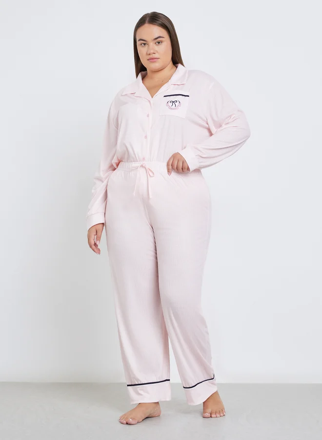 Styli Styli Plus Bow Print Pocket Striped Shirt and Pyjama Set