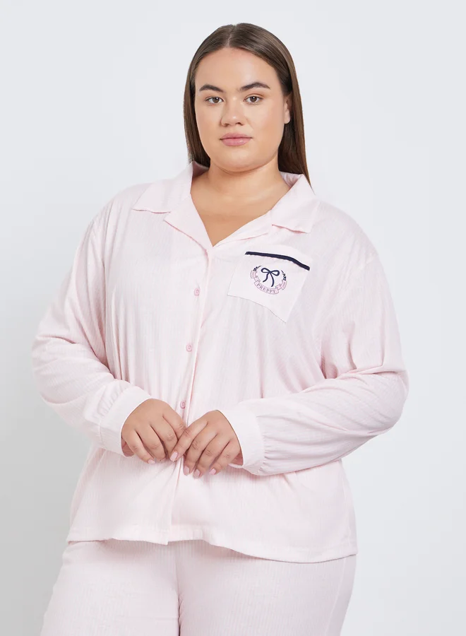 Styli Styli Plus Bow Print Pocket Striped Shirt and Pyjama Set