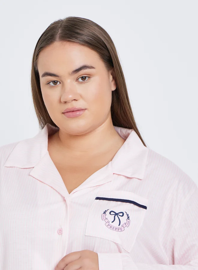 Styli Styli Plus Bow Print Pocket Striped Shirt and Pyjama Set