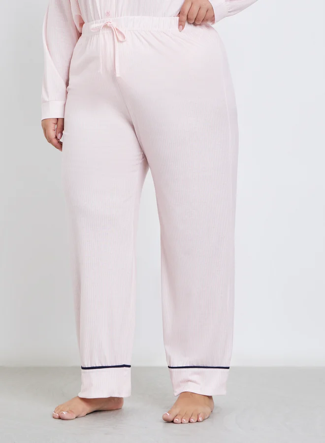 Styli Styli Plus Bow Print Pocket Striped Shirt and Pyjama Set