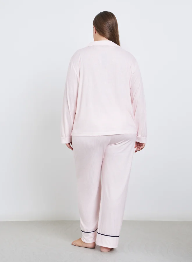 Styli Styli Plus Bow Print Pocket Striped Shirt and Pyjama Set