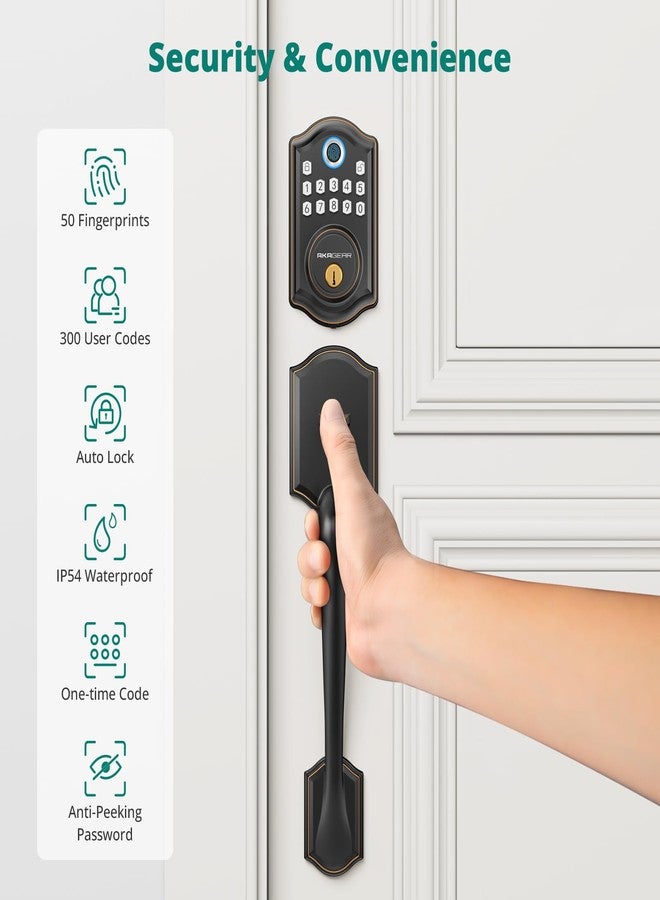 AkaGear DS10 Pro Keyless Entry Door Lock with Handle Set, Smart Front Door Locks Set, Electronic Keypad, Fingerprint Deadbolt, Bluetooth APP Control, Auto-Lock & One Touch Locking, Oil Rubbed Bronze - Image 2