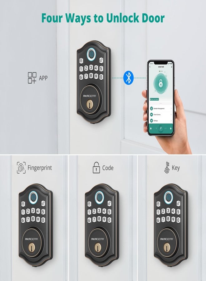 AkaGear DS10 Pro Keyless Entry Door Lock with Handle Set, Smart Front Door Locks Set, Electronic Keypad, Fingerprint Deadbolt, Bluetooth APP Control, Auto-Lock & One Touch Locking, Oil Rubbed Bronze - Image 4