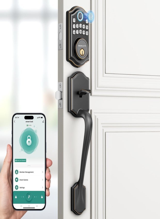 AkaGear DS10 Pro Keyless Entry Door Lock with Handle Set, Smart Front Door Locks Set, Electronic Keypad, Fingerprint Deadbolt, Bluetooth APP Control, Auto-Lock & One Touch Locking, Oil Rubbed Bronze