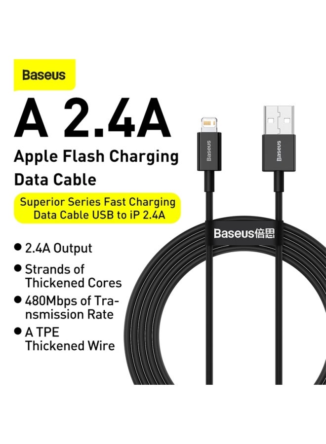 بيسوس كابل بيانات Baseus Superior للشحن السريع من USB إلى IP 2.4A (2m) أسود أسود - Image 2