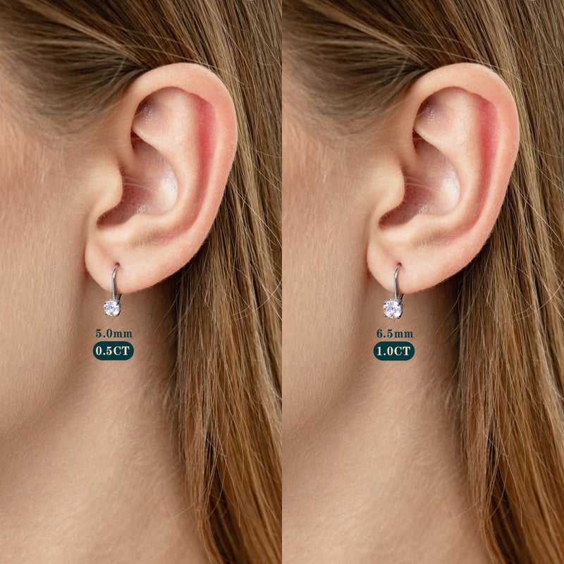 GEMQUEEN Moissanite Earrings : 18K White Gold Plated Soild Sterling Silver Dangle Earrings Hypoallergenic Leverback Drop Earrings for Women Men Round Cut D Color 1.0ct - Image 2