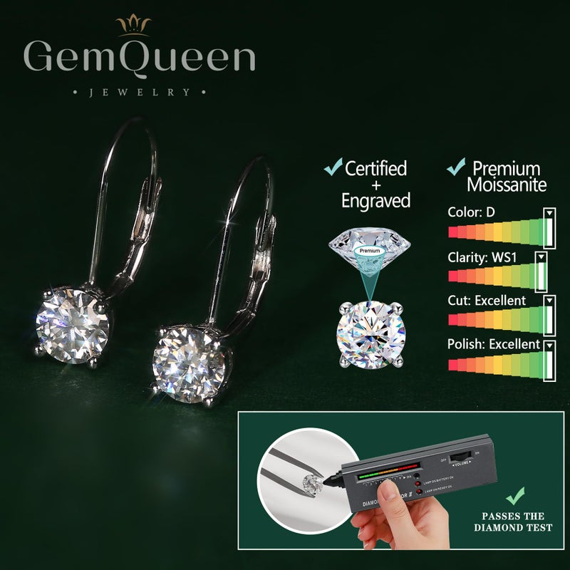 GEMQUEEN Moissanite Earrings : 18K White Gold Plated Soild Sterling Silver Dangle Earrings Hypoallergenic Leverback Drop Earrings for Women Men Round Cut D Color 1.0ct - Image 5