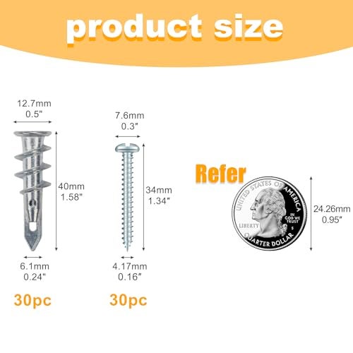 KURUI #8 Zinc Self-Drilling Drywall Anchors, 60PCs Hollow Metal Wall Anchors and Screws Kit, 30 Heavy Duty Anchors + 30#8 x 1-1/4'' Screws, 75LB Hanging and Mounting - Image 3