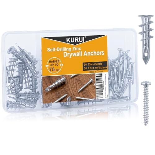 KURUI #8 Zinc Self-Drilling Drywall Anchors, 60PCs Hollow Metal Wall Anchors and Screws Kit, 30 Heavy Duty Anchors + 30#8 x 1-1/4'' Screws, 75LB Hanging and Mounting - Image 1
