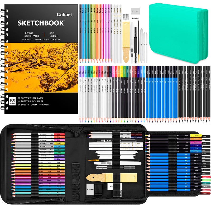 Caliart 176PCS Art Supplies Sketching Kit with 100 Sheets 3-Color Sketch Book, Graphite Colored Charcoal Watercolor & Metallic Pencils, Drawing Supplies Christmas Gifts for Artists Adults Beginners - Image 1