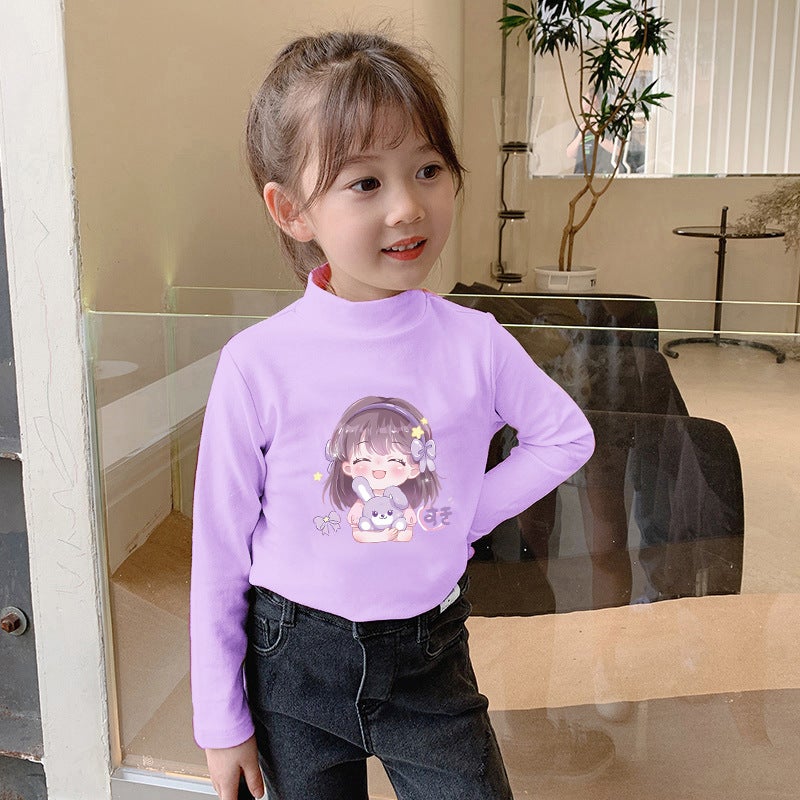 Children'S Base Shirt Half-High Collar Girl'S White Baby'S Long-Sleeved T-Shirt De-Velvet Base T-Shirt - Image 2