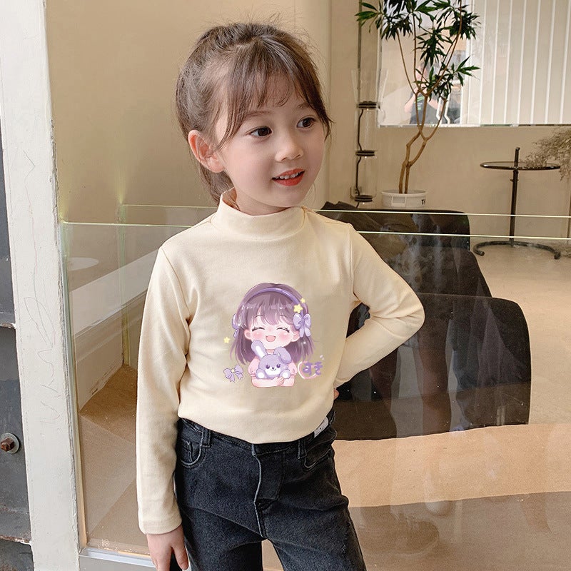 Children'S Base Shirt Half-High Collar Girl'S White Baby'S Long-Sleeved T-Shirt De-Velvet Base T-Shirt - Image 1