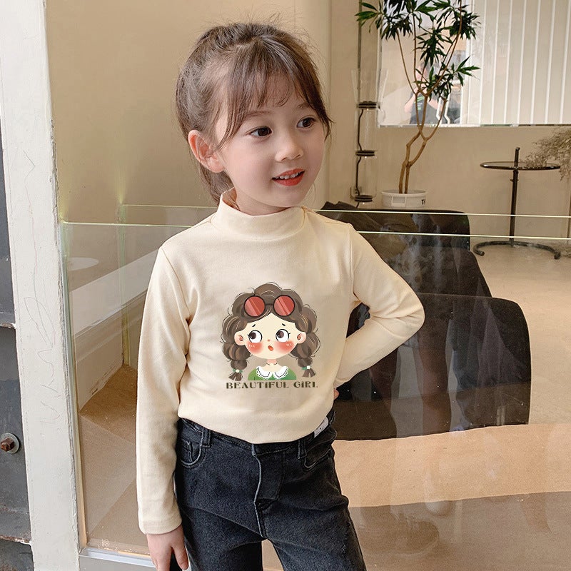 Children'S Base Shirt Half-High Collar Girl'S White Baby'S Long-Sleeved T-Shirt De-Velvet Base T-Shirt - Image 3