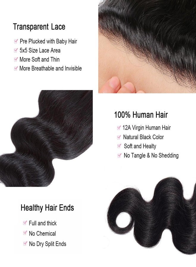XSY 5x5 HD Lace Closure Body Wave Transparent Lace Closure 12 Inch Brazilian Virgin Human Hair Pre Plucked with Baby Hair Free Part Natural Black - Image 3