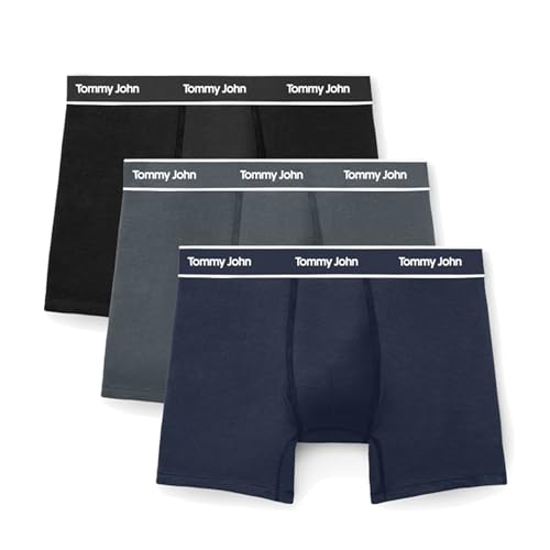 Tommy John Men's Essential Cool Cotton Stretch Boxer Brief Underwear - 6" 3-Pack, Breathable, Moisture-Wicking, Support Pouch (Black/Turbulence/Dress Blues, Large) - Image 1